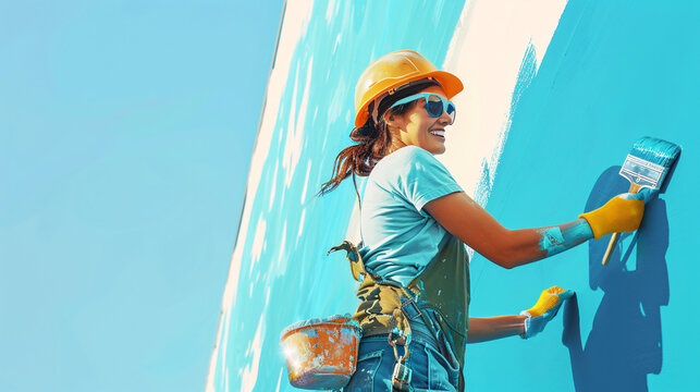 Happy Worker Painting Wall: Illustration for Renovation Services Advertisement