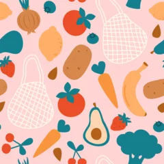Fototapeten cute hand drawn colorful seamless vector pattern illustration with fresh fruits, vegetables and shopping bag on pink background © Alice Vacca