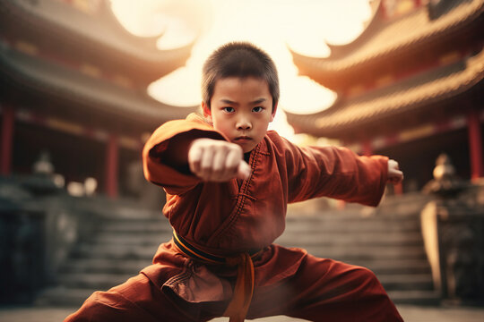 Generative AI image of asian man fighter practices martial arts kung fu and karate pose