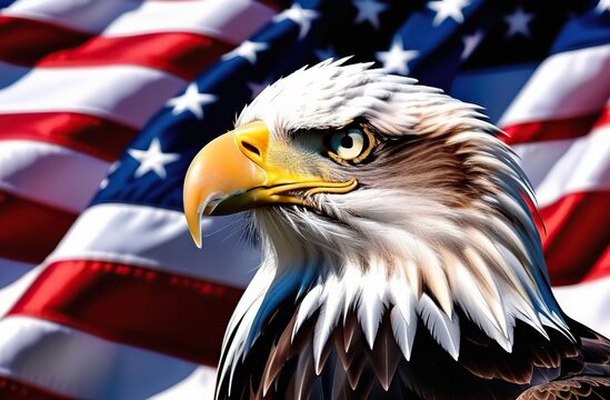 Wavy American flag with an eagle symbolizing strength and freedom . 4th of July Memorial or Independence day background.