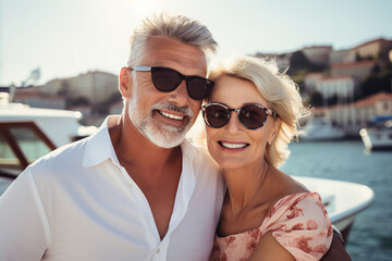 AI generated picture of romantic vacation beautiful young couple relaxing on a luxury yacht in open sea