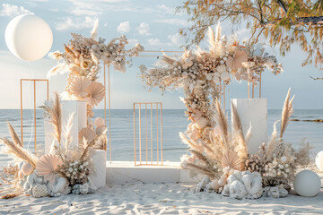 An exquisite seaside wedding arch decorated with dried florals and balloons, capturing a bohemian beach elegance.