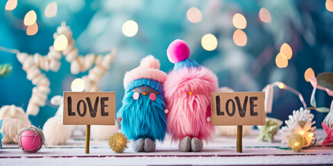 Cuddly creative funny creatures crafting handmade gifts, with blank signboards "LOVE" to help communicate the messages.
