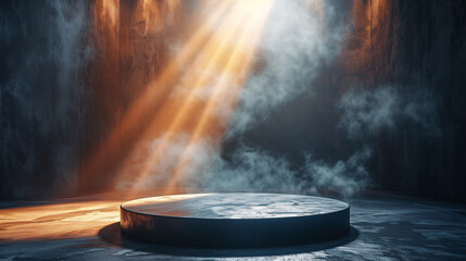 Mystical scene with a stone pedestal, illuminated by divine light amidst the fog - obrazy, fototapety, plakaty