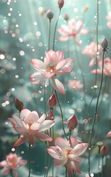 Fototapeta Glittering pink lotus flowers, magical, dreamy, light green background
