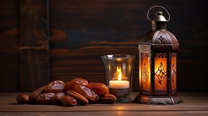 Ramadan lamp and dates on wooden background. Festive still life with oriental lantern