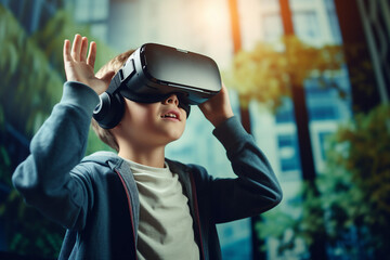 Futuristic cyberspace cyberpunk person wearing headset for metaverse generative ai gamer player