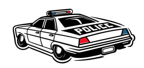 A police car parked on the street, with the word police prominently displayed on the vehicle, vector design against white background 