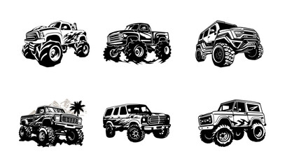 A group of monster trucks are lined up in black and white, showcasing their massive size and powerful design, black vector design, again white background  - obrazy, fototapety, plakaty