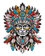A detailed colourful drawing of a traditional Native American Indian face and headdress, showcasing intricate beadwork and feather decorations, vector design, against white background 