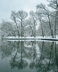 Prospect Park Lake on a snowy winter day in Brooklyn, New York