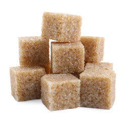 Many brown sugar cubes isolated on white