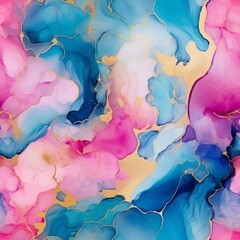 Vivid abstract painting with blue and pink hues and gold accents.