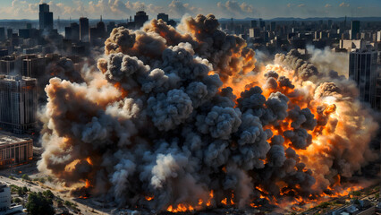 Chaos ensues as a massive explosion rocks the city streets, sending debris flying through the air. 
