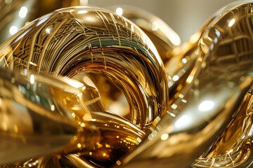 Close-up of a golden tuba's curves reflecting light and patterns. - obrazy, fototapety, plakaty