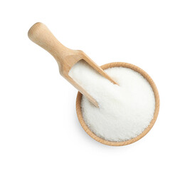 Granulated sugar in bowl and scoop isolated on white, top view