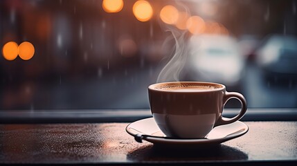 Obraz premium Steaming coffee cup on a rainy day window background