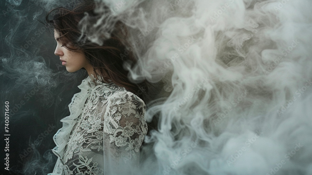 Poster woman in white dress with smoke