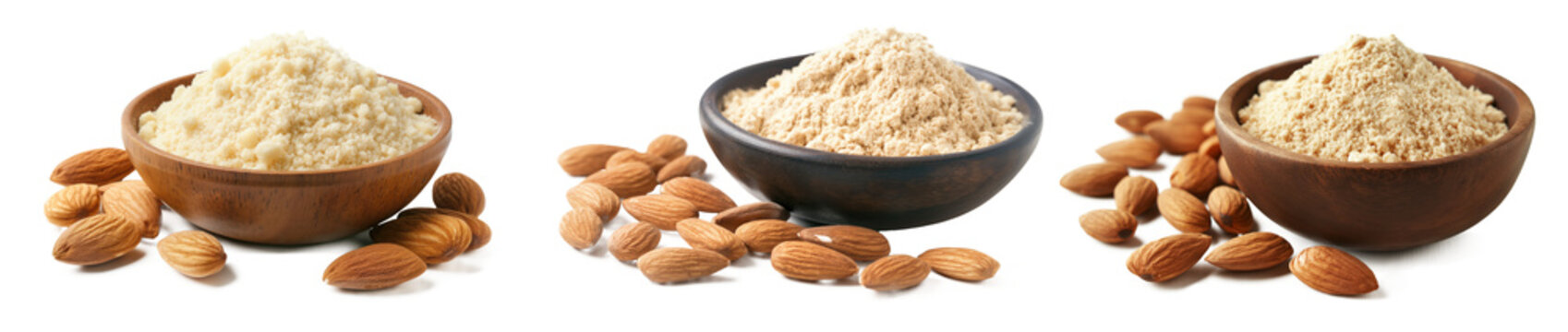 Almond flour in wooden bowl and almonds nut isolated on transparent background