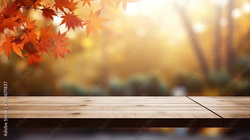 Poster table background of free space for your decoration and blurred background of window with autumn land