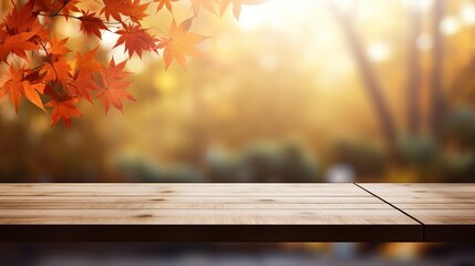 Table background of free space for your decoration and blurred background of window with autumn landscape