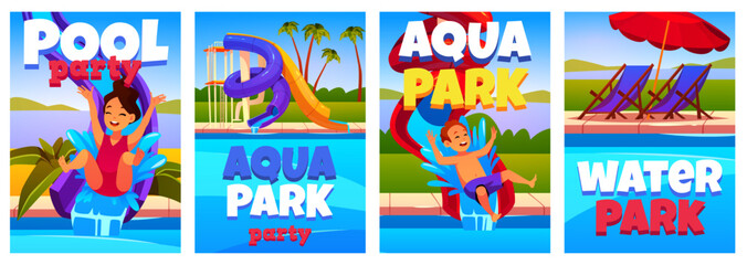 Water park cards. Children slide off water slides in pool, active family holidays, extreme rides, kids birthday celebration, party invitations, cartoon flat style isolated tidy vector set