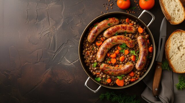 Chipolata sausages cooked with lentils and carrots. Generative AI