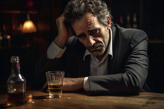 Drunk depressed man sitting in a bar suffering from loneliness made with generative AI