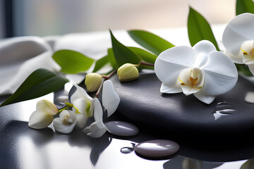 Black basalt stones for spa treatments with white orchid flowers on a light background. Playground...