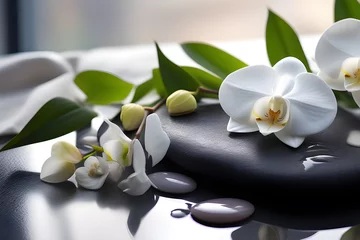 Papier Peint Lavable Spa Black basalt stones for spa treatments with white orchid flowers on a light background. Playground AI platform