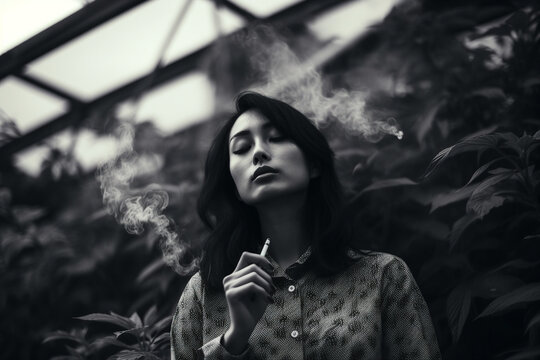 Image of attractive woman smoking cigarette or vape made with generative AI concept