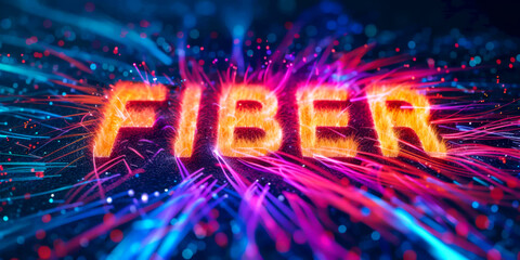 "FIBER" written with light letters as fiber, abstract background, INTERNET COMPUTER concept