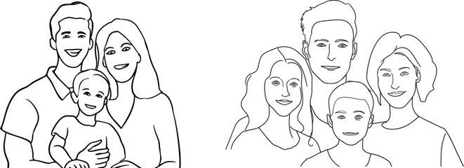 continuous single line drawing of Casual portrait of a healthy attractive young family, family outdoor activities, happy family moments, lifestyle, modern family bonding.