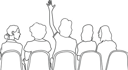 Minimalist continuous single line drawing of casual businesswoman raising one arm in a conference meeting, professional presentation skills, effective communication techniques, leadership in corporate