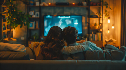 Fototapeta na wymiar Cozy Winter Night: A woman, a couple watch TV in a warmly lit room with a fireplace, spreading love and joy on a Christmas night