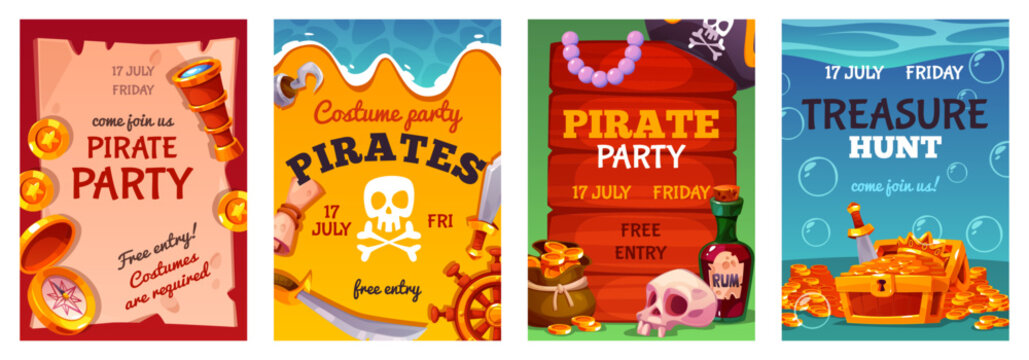Pirate treasure posters. Lost ancient gold, wooden chest with coins, sea robbers elements, weapons, kids party invitation, childish birthday posters, cartoon flat isolated tidy vector set