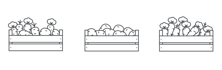 Carrots in a wooden box icons outline. Vegetables in a wooden box line icon. Potatoes in a wooden box icon. Harvest symbol, logo illustration. - obrazy, fototapety, plakaty