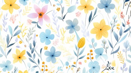 Watercolour floral pattern, delicate flowers, yellow, blue and pink flowers, cute colorful floral abstract print