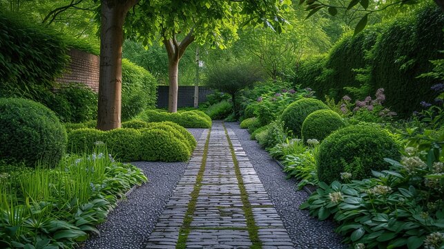 A garden path made of stone and cement. With green grass and ornamental plants