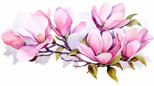 Wildflower magnolia flower in a watercolor style isolated. Full name of the plant: pink magnolia. Aquarelle wild flower for background, texture, wrapper pattern, frame or border