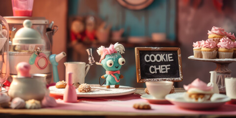 Charming quirky creatures baking cookies, with blank signboards "COOKIE CHEF" to help communicate their messages, copy space.