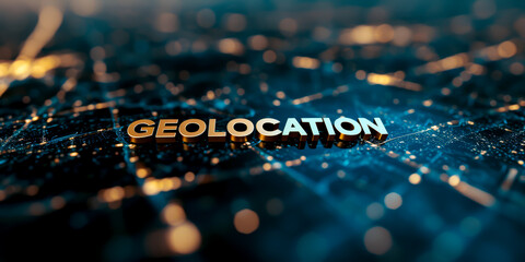 "GEOLOCATION" written with gold lettering on a dark and beautiful map , TECHNOLOGY concept