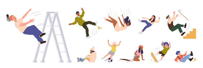 People cartoon characters falling down suffering from injury and pain isolated big set on white