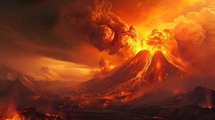 Fotobehang Donkerrood The Etna volcano erupted and spewed molten lava into the atmosphere with force. Generated by AI