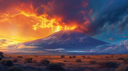 The Kilimanjaro volcano erupted and spewed molten lava into the atmosphere with force. Generated by AI - obrazy, fototapety, plakaty