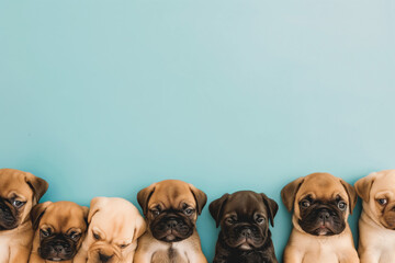 Group of adorable puppies on a blue background. National Puppy day creative background.