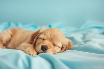 Adorable puppy sleeping in a blue blanket. National Puppy day creative background.