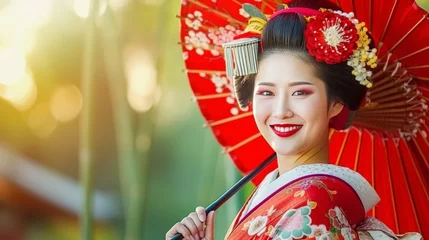 Poster Japanese geisha in colorful kimono amidst lush green bamboo forest with blurred background © Ilja
