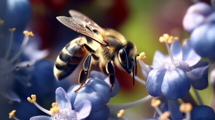 Bee pollinating blueberry blossoms close up.Generative AI