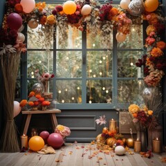Obraz na płótnie Canvas Fall Floral window With Birthday decoretion